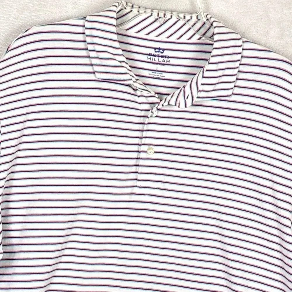 Peter Millar Polo Shirt Men L Blue Black Red 3D Striped Seaside Wash Performance